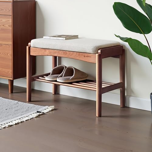 Solid Wood Shoe Bench, 24 Inch Entryway Bench with Light Gray Cushion
