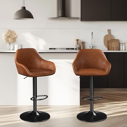 Yaheetech Bar Stools Set of 2, Adjustable Swivel PU Leather, Retro Brown