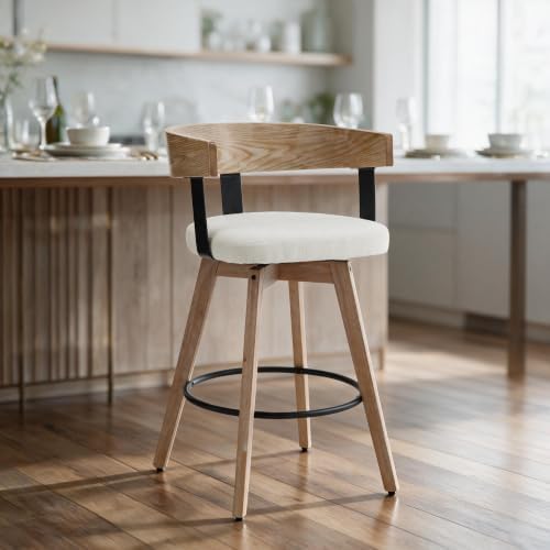 DUOMAY Swivel Bar Stools Set of 1, 26" Counter Height Counter Stool with Footrest Modern Wood Barstool with Linen Upholstered Seat for Kitchen Island Home Bar, White