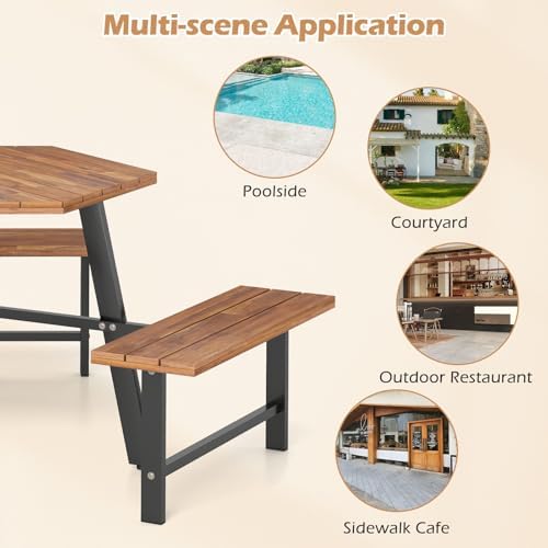 GIANTEX Picnic Table Bench Set for 6, Acacia Wood Outdoor Dining Table Set with 3 Seats, 1.97" Umbrella Hole, 1720 LBS Capacity, Heavy Duty Metal Frame, for Front Porch Patio Lawn Garden