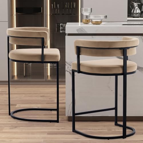 Set of 2 Brown Modern Velvet Bar Stools with Barrel Backrest, Upholstered Seat, and Black Metal Footrest – 25.6-Inch Seat Height, Ideal for Counters, Home Bars, and Kitchen Islands