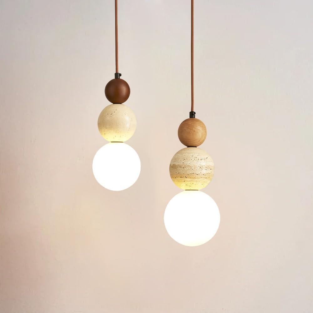 Modern Natural Stone Pendant Light, Frosted White Glass Spherical Hanging Light, Indoor Suspension Pendant Lamp for Bedroom Kitchen Island Dining Room Bar