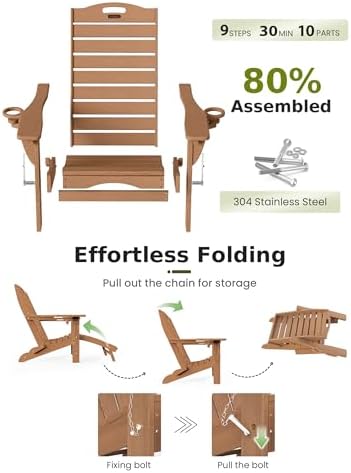Ciokea HDPE Folding Adirondack Chair with Footrest,Teak,1
