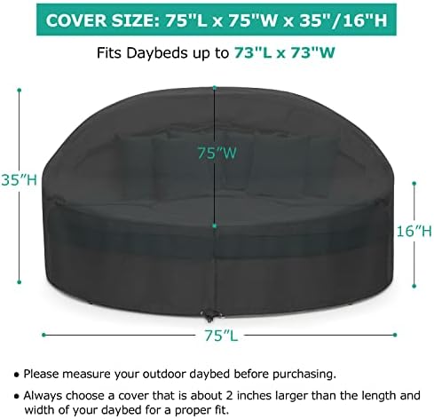 SunPatio Outdoor Daybed Cover, Heavy Duty Waterproof Round Canopy Sofa Bed Cover with Taped Seam, Patio Furniture Set Protector, All Weather Protection, 75" Dia x 35"/16”H, Black