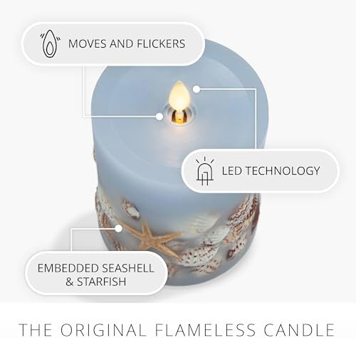 Luminara Flameless LED Candle Soft Chambray Embedded Seashell & Starfish Moving Flame Pillar Unscented Real Wax with Recessed Edge (4.5-inch)