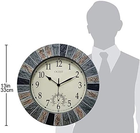 OCEST 13 Inch Waterproof Indoor Outdoor Wall Clock with Thermometer, Brown