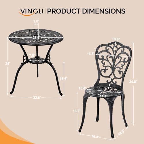 VINGLI 3 PCS Outdoor Bistro Set, Outdoor Patio Set, All-Weather Cast Aluminum Bistro Table Set, Bistro Table and Chairs Set of 2 for Backyard, Garden, Balcony (Black, Butterfly)