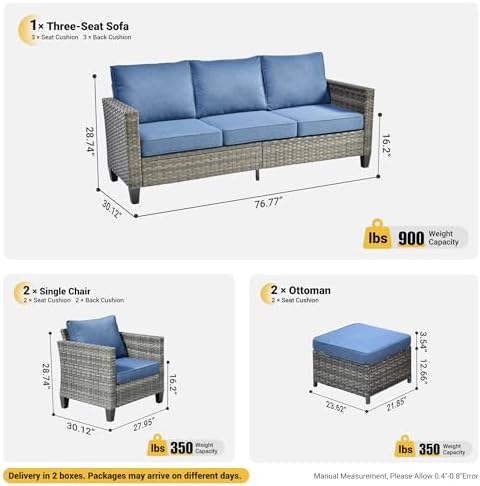 ovios Patio Furniture Set, 5 Pieces Outdoor Wicker Sofa Couch with Chairs, Ottomans and Comfy Cushions, All Weather High Back Rattan Conversation Set, Denim Blue