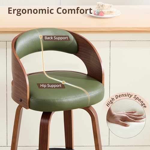 Swivel Bar Stools Set of 2,26" Faux Leather Upholstered Counter Height Barstools with Back,Mid-Century Modern Bar Chairs with Bentwood Legs and Footrest for Kitchen Island Bar Counter Green