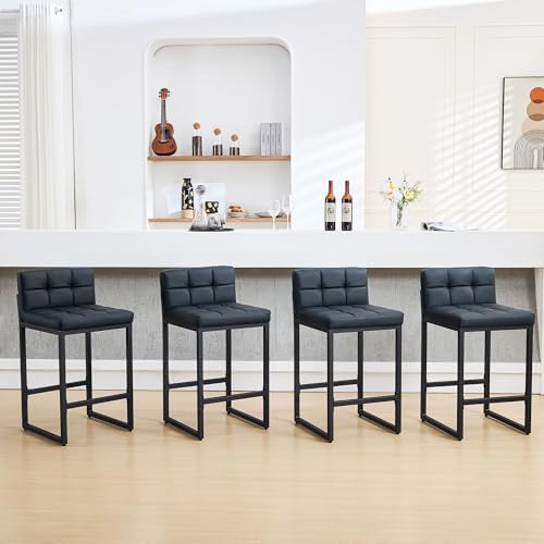 FIRAVOE Bar Stools Set of 4, PU Leather Counter Height Barstools with Low Back and Thickened Metal Legs, 26 Inch Modern Island Chairs for Kitchen Island, Bar, Counter (Black, 4Pcs 26" Counter Stools)