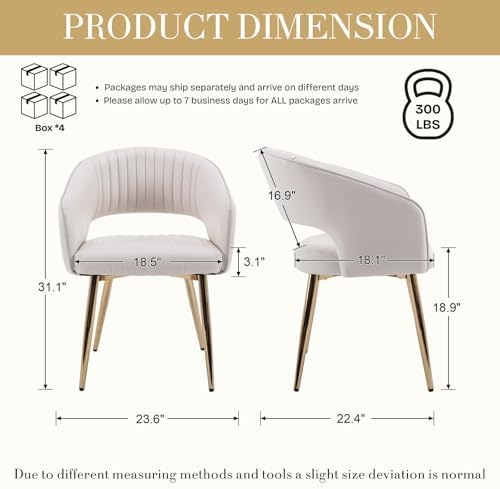 Modern Dining Chairs Set of 8, Upholstered PU Leather Gold Dining Room Chairs with Hollow Back, Accent Armrest Kitchen Chairs with Gold Legs for Living Room Cream