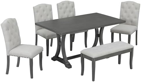 Harper & Bright Designs Classic and Traditional Style 6 - Piece Dining Set, Includes Dining Table, 4 Upholstered Chairs & Bench(Antique Gray1)