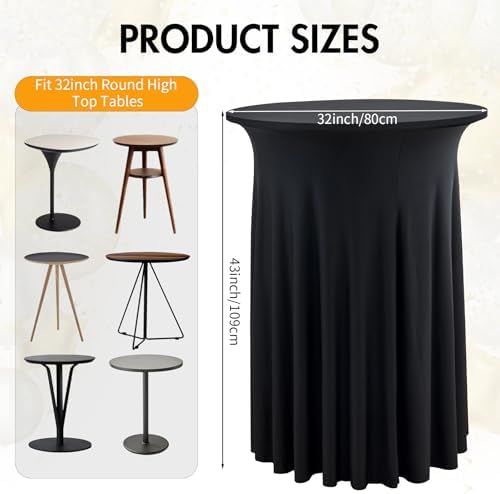 2 pk Black Cocktail Table Cloth Round 32×43in-High Top Highboy Bar Cocktail Tablecloths-Wrinkle Free Stretchy Fitted Spandex Table Covers with Ruffle Desk Skirt for Wedding Banquet Party Tables