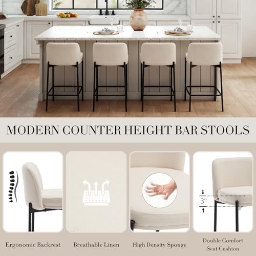 26 Inch Counter Height Bar Stools Set of 2, Modern Barstools, Beige