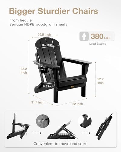 Folding Adirondack Chair, Wood Texture, Weather Resistant(Black)