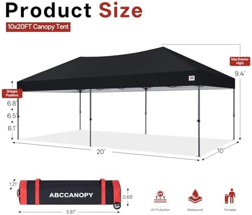 ABCCANOPY 10x20 Pop Up Canopy Tent, Heavy Duty Weather Protection, Black