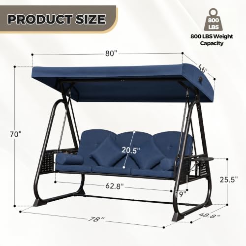 3 Seat Patio Swing Chair with Canopy,Outdoor Porch Swing with Thick Cushions,Adjustable Sunshade,Side Trays & Pillows,Heavy Duty Metal Frame for Patio,Garden,Backyard(Blue)