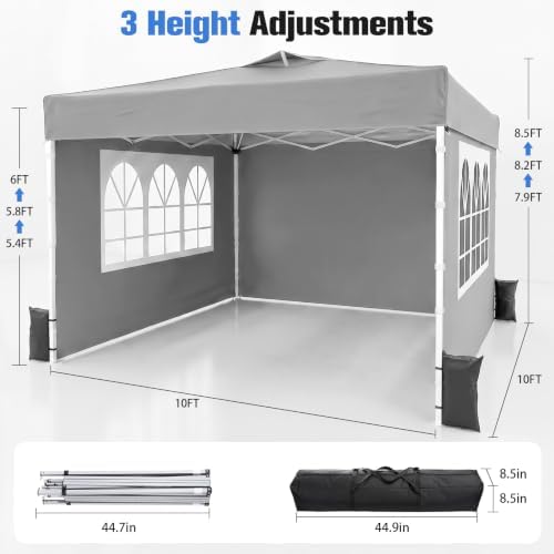 10x10 Pop Up Canopy Tent with One Push Setup, 3 Adjustable Heights, Gray