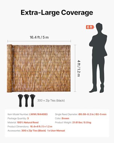 VEVOR Natural Reed Fencing, 4 ft x 16.4 ft, 3 Pack Decorative Natural Reed Fencing Roll, Decorative Fence for Backyard Divider, Privacy Screen Panel Curtain for Balcony Patio Garden Backyard Outdoor