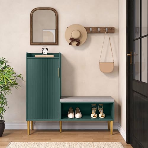 Storage Bench with Fluted Door&Shelf, L-Shaped Entryway Bench