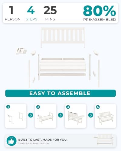 SERWALL HDPE Outdoor Bench with Foldable Cup Holder, 1 Pack, White
