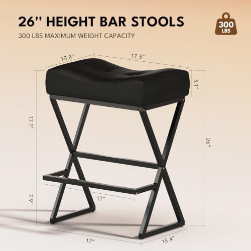 Counter Height Bar Stools Set of 3, Backless 26" Saddle Barstools, Black