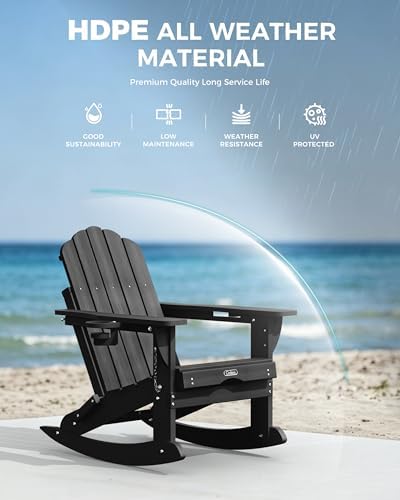Ciokea Adirondack Rocking Chair with Footrest, Folding HDPE Rocker (Black)