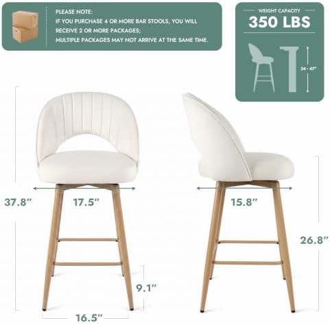 Swivel Bar Stools Set of 3, Counter Height Barstools for Kitchen Island, 26" Seat Height Bar Chairs for Dining Room, Velvet Upholstered Bar Stool with Back and Footrest, White