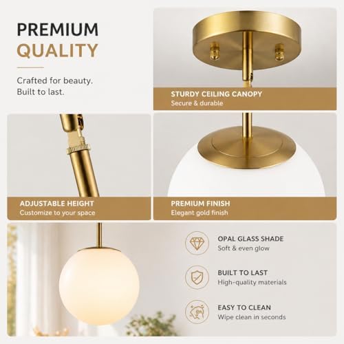 gold globe pendant light, opal glass, mid century, side view