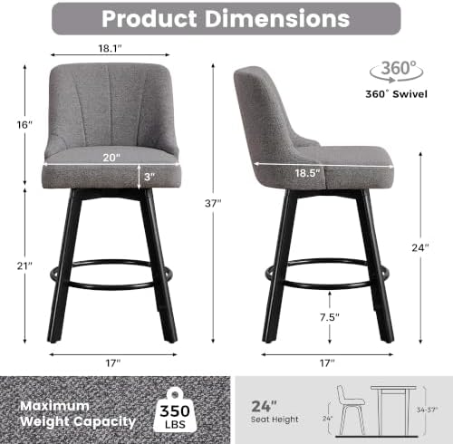 Swivel Bar Stools Set of 2,24" Upholstered Counter Height Bar Chairs with Back and Solid Wood Legs for Kitchen Island Fabric (Navy Blue)