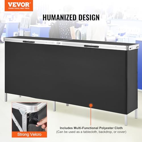 VEVOR Extra Long Folding Portable Bar Tradeshow Podium Table for Indoor, Outdoor, Party, Picnic, Exhibition, Includes Carrying Case, Storage Shelf and Black Skirt, 77.95" x 15.16" x 34.65"