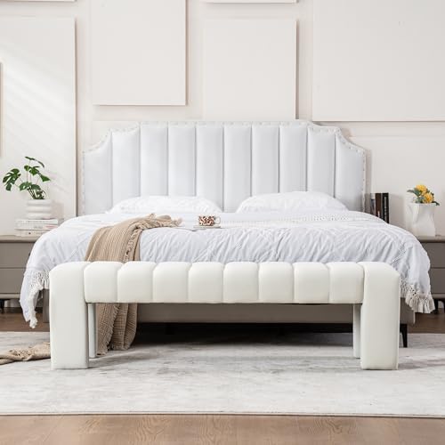 59" Velvet Bench for Bedroom King Size Bed Window End of Bed, Ivory White