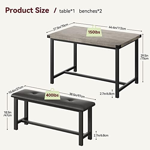 IDEALHOUSE Dining Table Set for 4, Kitchen Table with Upholstered Bench, 3 Piece Rectangular Dining Room Table Set with 2 Benches, for Small Space, Apartment, Studio, Home, Retro Gray