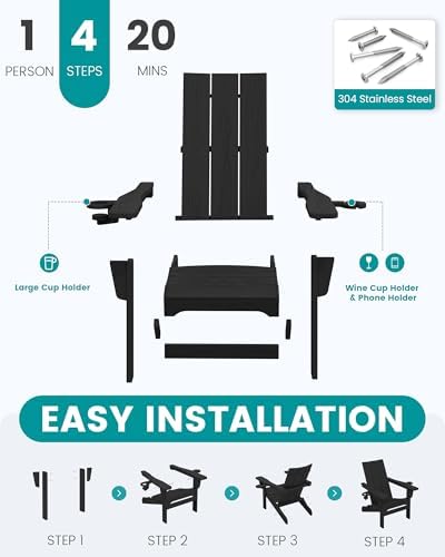 SERWALL Modern Folding Adirondack Chairs Set of 2, HDPE, Cup Holders, Black