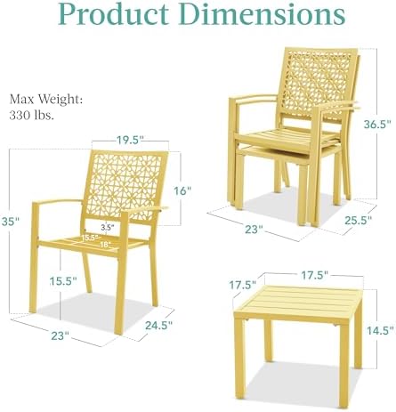 Best Choice Products 3-Piece Outdoor Bistro Set, Stackable Modern Steel Furniture for Porch, Garden w/ 2 Chairs, Table, Geometric Decor - Yellow