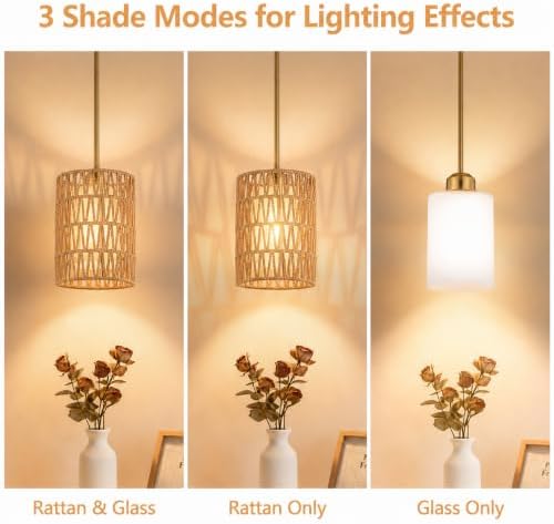 6inch gold rattan pendant light, 2-in-1 boho hanging, side view