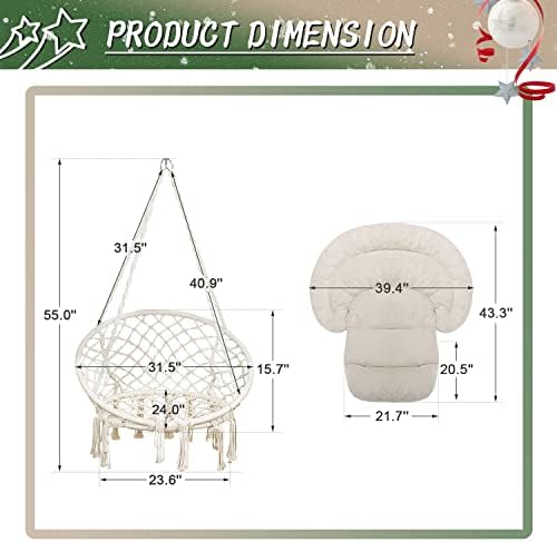 Hammock Chair with Cushion, Handmade Macrame Swing Chair with Hanging Hardware Kits, Bohemian Style Cotton Rope Hanging Chair for Bedroom Indoor Outdoor, Beige