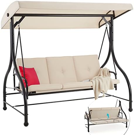 AECOJOY 3-Seat Outdoor Patio Swing With Canopy, Converting Porch Hammock, Adjustable Backrest, Removable Cushions and Stand, Beige