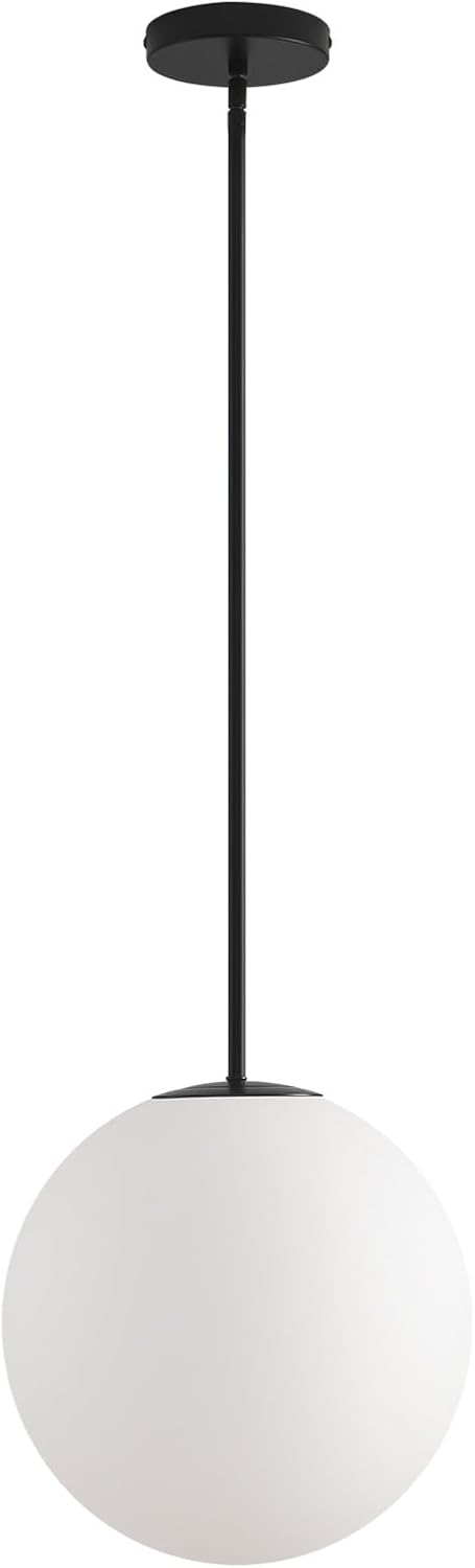 11.8in Milk Glass Pendant Light, Large Mid Century Modern Pendant Lights Kitchen Island, Black Fininsh Hanging Light Fixture for Dining Room Over Table Sink Hallway, Black & Milk 1 Pack