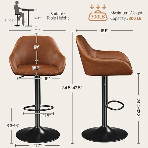 Yaheetech Bar Stools Set of 2, Adjustable Swivel PU Leather, Retro Brown