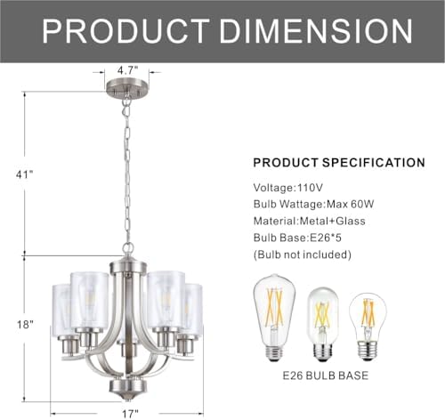 5-Light Dining Room Chandelier,Small Chandeliers Brushed Nickel