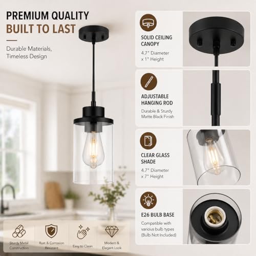 Black Farmhouse Clear Glass Cylinder Pendant Light, Modern Hanging Fixture (3 Pack)