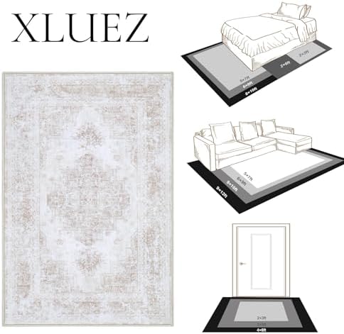 XLUEZ Area Rug 6x9 Living Room Rug, Machine Washable Vintage Distressed Medallion Rug Non-Slip Soft Low Pile Large Indoor Rugs for Bedroom Kitchen Dining Room Office(Beige,6'x9')