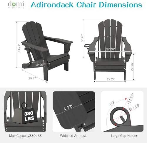 Domi Folding Adirondack Chair Set of 2, HDPE All-Weather Adirondack Chairs with Cup Holder, Outdoor Plastic Fire Pit Chairs Wood Texture for Poolside, Patio, Backyard, Deck (Grey)