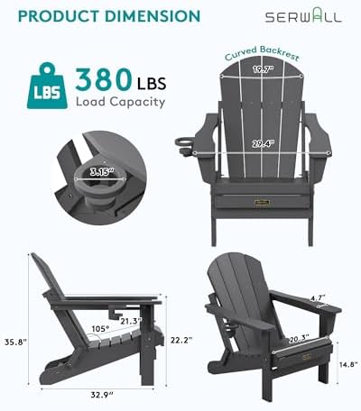 SERWALL Folding Adirondack Chair with Cup Holder Set of 2, Fire Pit - Gray