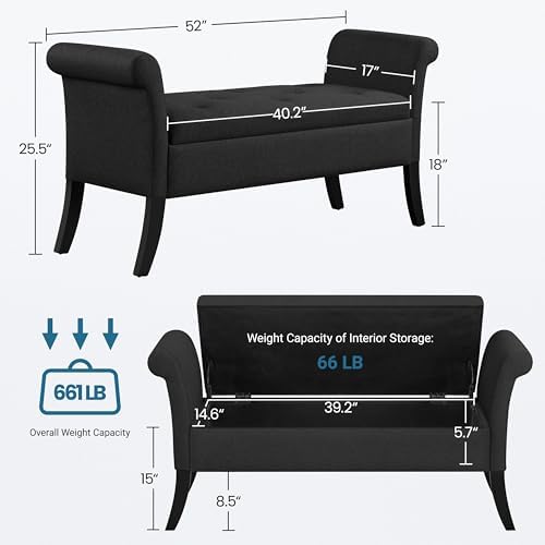 Yaheetech 52in Rolled Arm Storage Ottoman Bench Seat for Entryway, Black