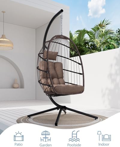 SWITTE Egg Chair Outdoor with Stand, Indoor Wicker Hanging Egg Swing, Brown