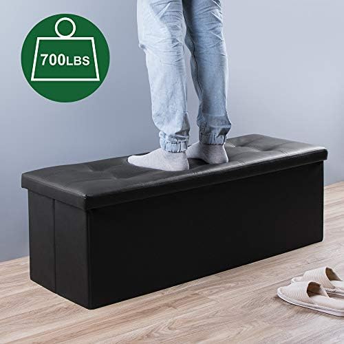 Camabel 43 Inch Folding Storage Ottoman Bench 125L Hold up 700lbs Ottoman with Storage Chest Foam Seat Padded Foot Rest Stool Faux Leather Bedroom Bench with Storage Coffee Table Black