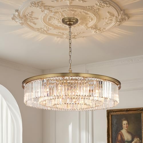 Large Crystal Chandelier Modern Luxury Pendant Ceiling Lights Fixture Antique Gold Chandelier for Dining Room Living Room 12-Lights 3-Tier Raindrop Chandeliers Lighting (Gold, Dia 31 Inch)