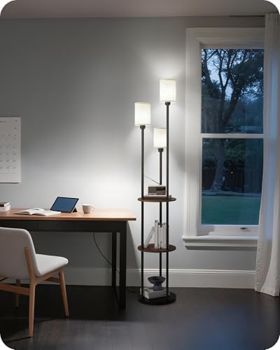 70.9" Floor Lamp with Shelves, Modern Floor Lamp with 3 Linen Shades and Foot Switch, 3-Light Standing Lamp, for Living Room, Bedroom, Study, Office, Rustic Brown and Beige EF53LD05